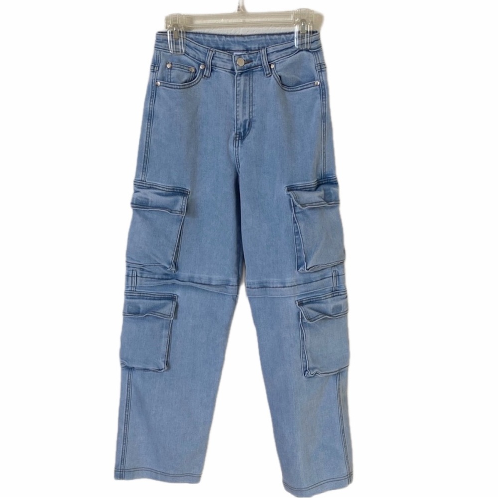 United We Stand U Jeans Light Blue Baggy Wide Leg Cargo Jeans Size 5